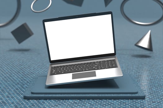 Macbook notebook screen mockup above pedestal photo