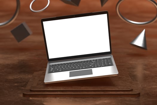 Macbook laptop screen mockup above pedestal photo