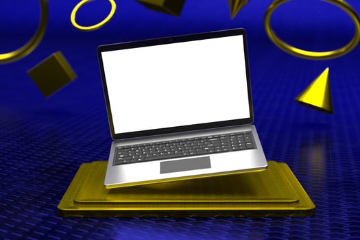 Macbook notebook screen mockup above pedestal photo
