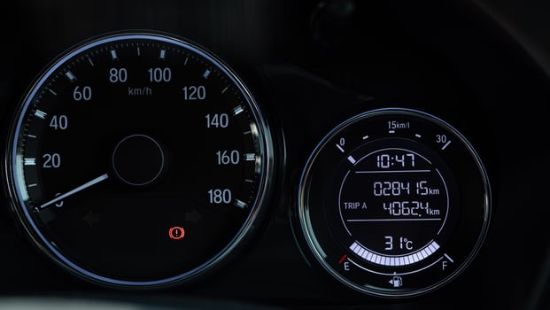 Closeup dashboard of mileage car. Mileage needle when parking and apply the hand brake. photo
