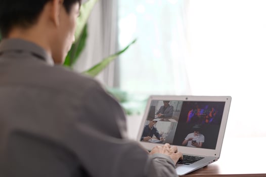 Businessman making call with colleagues online meeting, learning, teaching, online photo