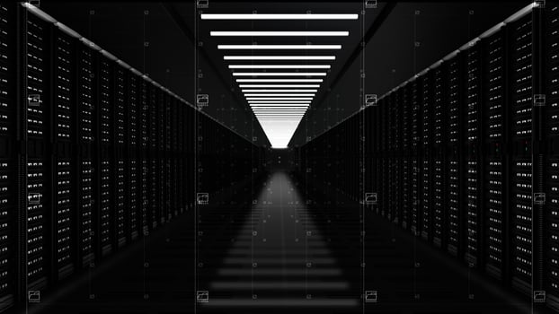 Digital data network servers in a server room of a data center or ISP with Electric circuit high speed data transfer photo