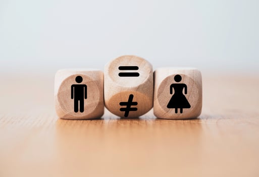 Flipping of unequal to equal sign between man and woman. Human and business right concept. photo