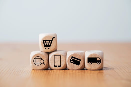 Online shopping and e-commerce icon include trolley cart credit card and delivery truck concept. photo