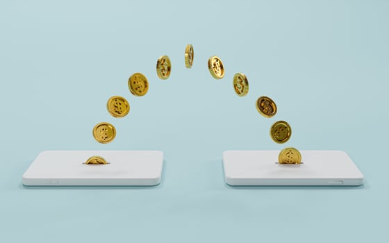 Golden coins moving between mobile phone for money transfer and internet mobile banking or electronic transaction concept by 3d render. photo