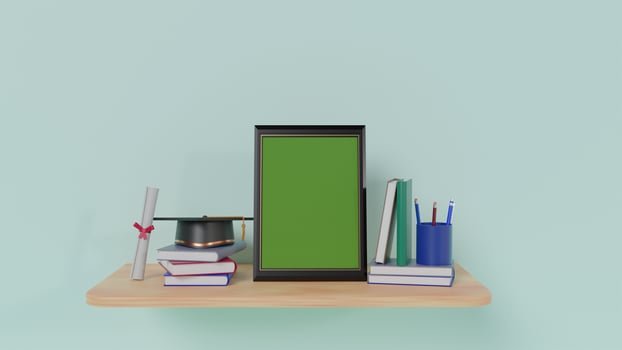 mockup photo frames for graduation congratulations with books and gowns, 3D Render Illustration