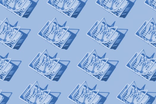 Pattern with shopping basket monochrome blue color. Minimalism. Sales, shopping, prices concept. photo