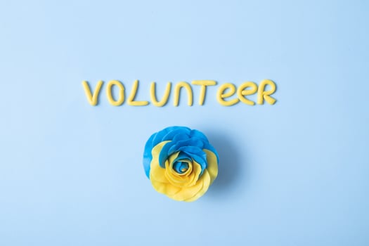 Inscription volunteer and the rose in yellow-blue national flag color of Ukraine, top view photo