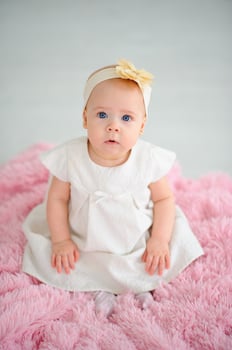 Little cute girl learns to crawl. photo