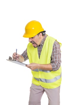 Panicking male engineer taking notes on clipboard photo