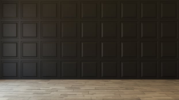 Black square decorative wall panels with wooden parquet 3d illustration photo