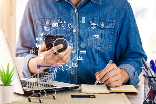 Concept of Online Shopping, Young men shop online, shop and sell in the online world. Connected all over the world. photo