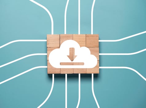 Cloud computing icon print screen on wooden cube block with white connection line , cloud technology can share information data to everyone and everywhere for digital transformation concept. photo