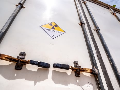 Radiation warning sign on the transport label Class 7 at the Door of the transport truck container photo