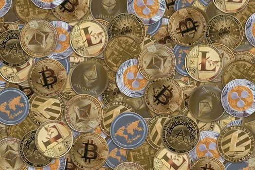 Crypto coins on the pile concept background photo