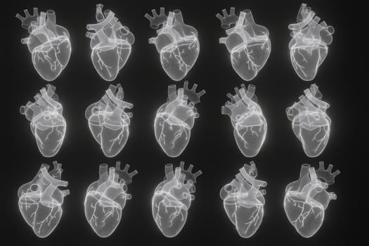 3D wireframe hearts render isolated white backgrounds, Abstract Heart icon form lines and triangles, point connecting network on blue background, 3d render photo