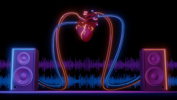 Music art concept create from heart speaker system on brack drop , work space or backgroung art. 3D rendering. photo