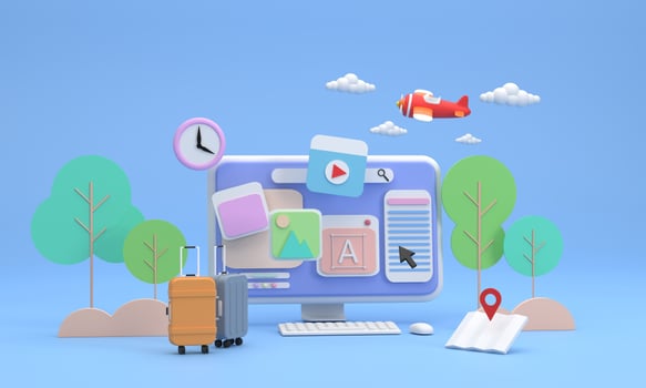 Computer screen showing icons about travel pictures and trees in the background. Suitcases and maps, planes and clouds. Feels like searching for a place to visit then go out photo