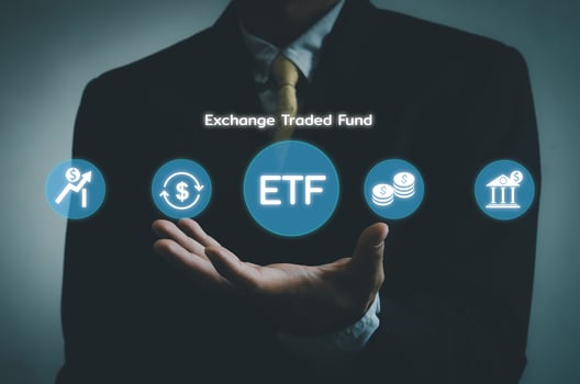 Hand businessman icon ETF Exchange Traded Fund virtual screen Internet Business stock market finance Index Fund Concept. photo