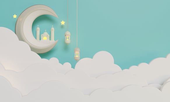crescent moon mosque lantern clouds illustration background 3D photo