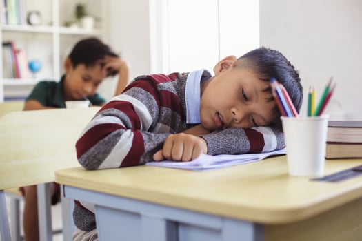 Tired and sleepy Asian student during class lesson photo