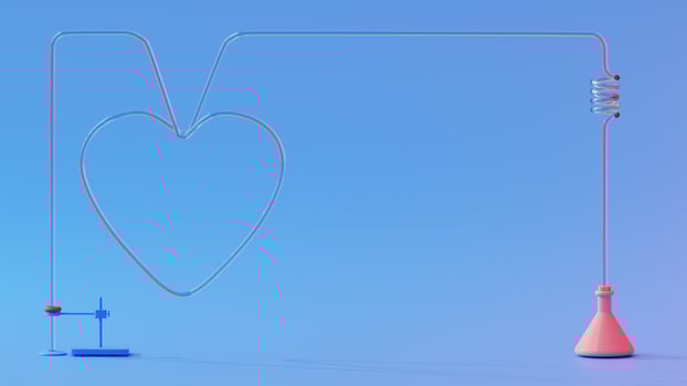 Test tube and lamp and heart shape glass tube on blue background. Heart shape for banner and logo. Science experiment concept, 3D render photo