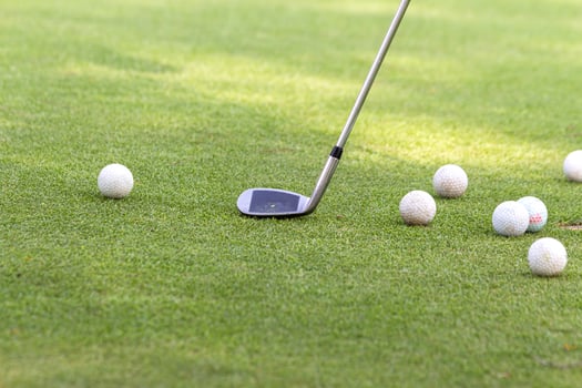 Golf clubs and golf balls on green grass photo