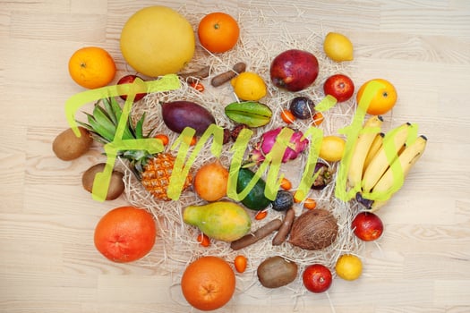 Exotic fruits with fruits sign. Healthy eating dieting food background. photo