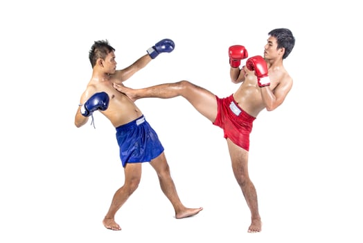 Two thai boxers exercising traditional martial art, Isolated on white background photo