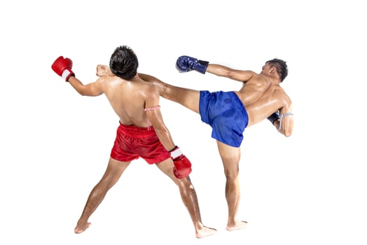 Two thai boxers exercising traditional martial art, Isolated on white background photo