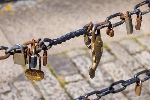 LIVERPOOL, UK, 2021. Padlocks on chains at Kings Parade photo