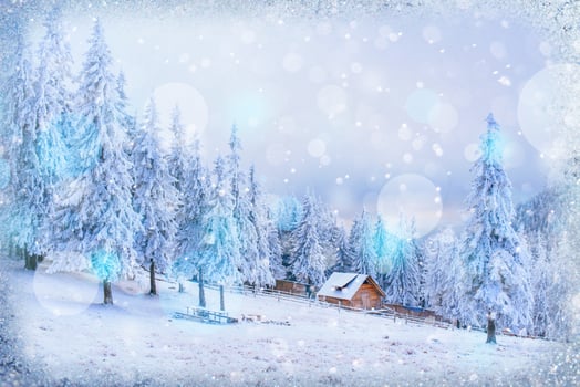 chalets in the mountains at sunset. Winter greetings photo