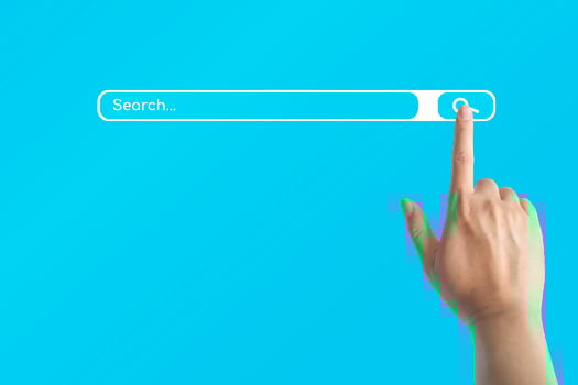Hand with a finger touch on search symbol on the internet for searching the information data on blue background. photo