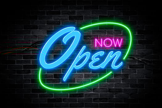 Now open neon banner, light signboard. photo