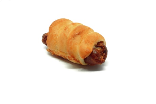 Puff pastry sausage roll, fast food on white background. Sausage roll. photo