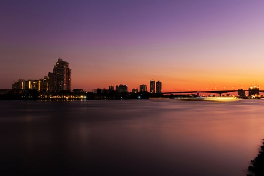 15 February 2020. View of the King Prajadhipok Bridge and the Chao Phraya River, Bangkok, Thailand at twilight. photo