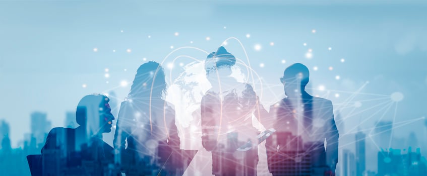 Business global network connection telecommunication or Metaverse technology concept, Futuristic silhouette business people group working on virtual meeting with internet link graphic background photo