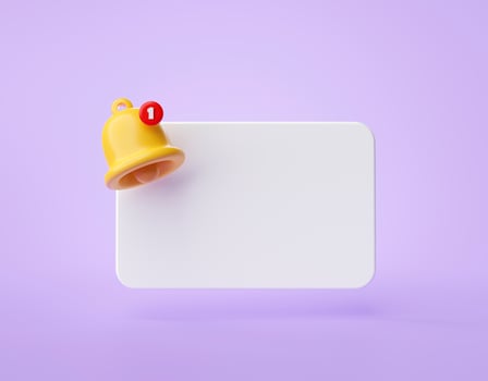 Reminder popup bell notification alert or alarm icon sign or symbol for application website ui on purple background 3d rendering illustration photo