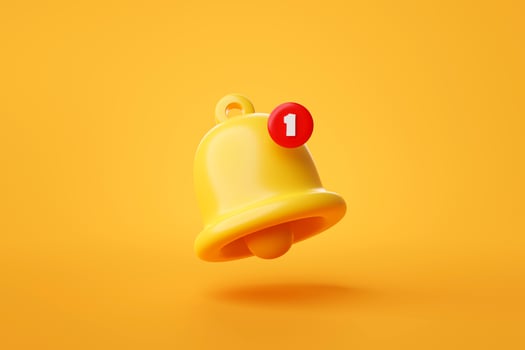 Bell reminder notification alert or alarm icon sign or symbol for application website ui on yellow background 3d rendering illustration photo
