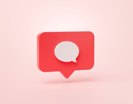 Comment or Message inbox shape social media notification icon in speech bubbles 3d cartoon banner website ui on pink background 3d rendering illustration photo