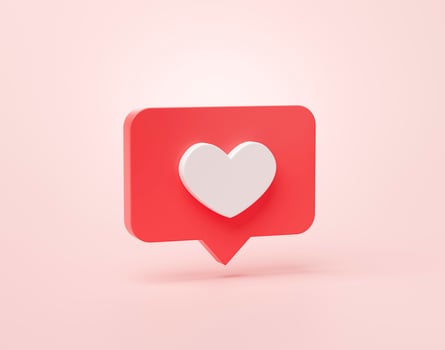 Heart shape or favorite social media notification icon in speech bubbles 3d cartoon banner website ui on pink background 3d rendering illustration photo