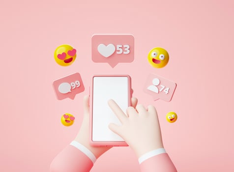 Hands holding a blank Smartphone Chat love and followers bubbles and alert notification cartoon app website ui on pink background 3d rendering illustration photo