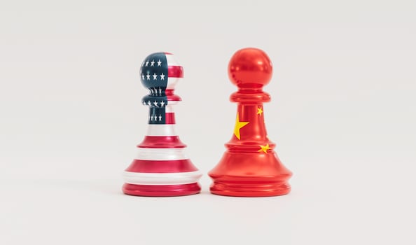Isolate of USA flag and China flag print screen on pawn chess on white background for competition of business trade war and military between both countries. 3d render photo