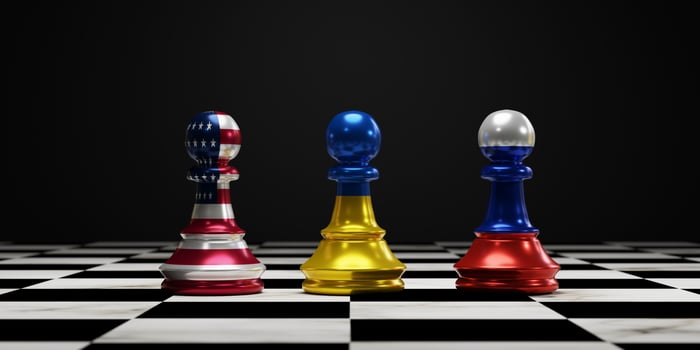 Ukraine flag on chess between USA and Russia on chess board for political conflict and war concept by 3d rendering technique. photo