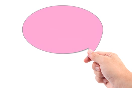 Hands holding paper bubbles speech for text or word isolated with clipping path on white background. photo
