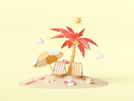 Summer vacation concept, Beach chairs and accessories under palm tree on the beach, 3d illustration photo