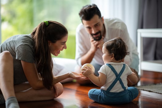 young mother and child baby are happy at home, childhood family concept with caucasian mom and little boy, newborn care lifestyle photo