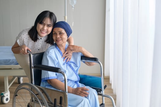 Cancer patient woman wearing head scarf and her supportive daughter in hospital, health and insurance concept. photo