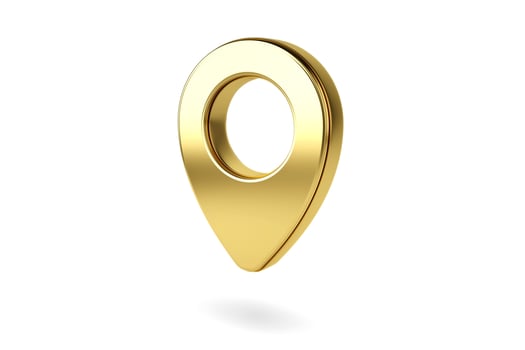 Gold map pointer 3d pin. Location symbol isolated on white background. Web location point, pointer. 3D rendering. photo