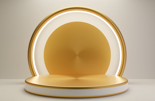 White and Gold podium for product presentation on white wall background luxury style.,3d model and illustration. photo